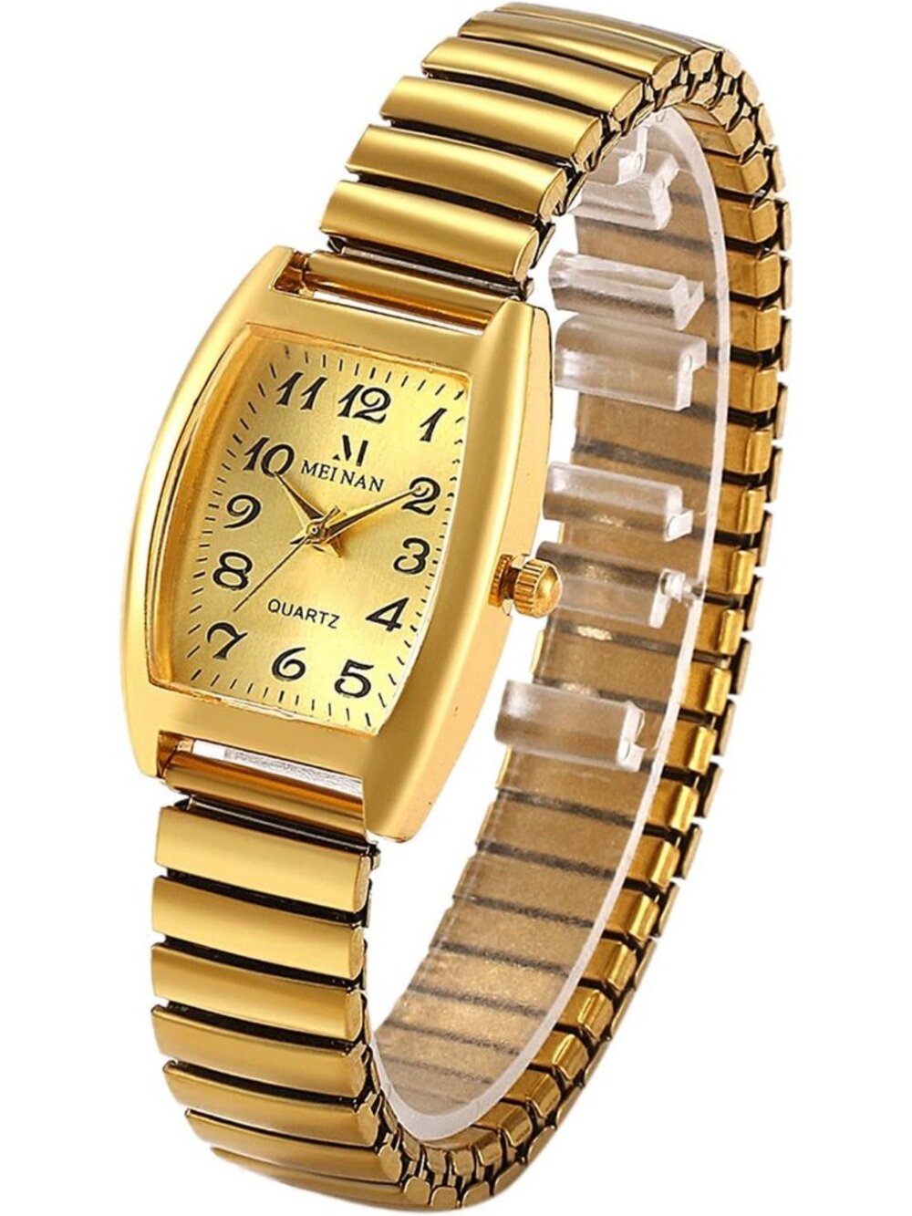 Women's All Gold Analog Quartz Big Dial Easy Reader Stretch Band Wrist Watch
